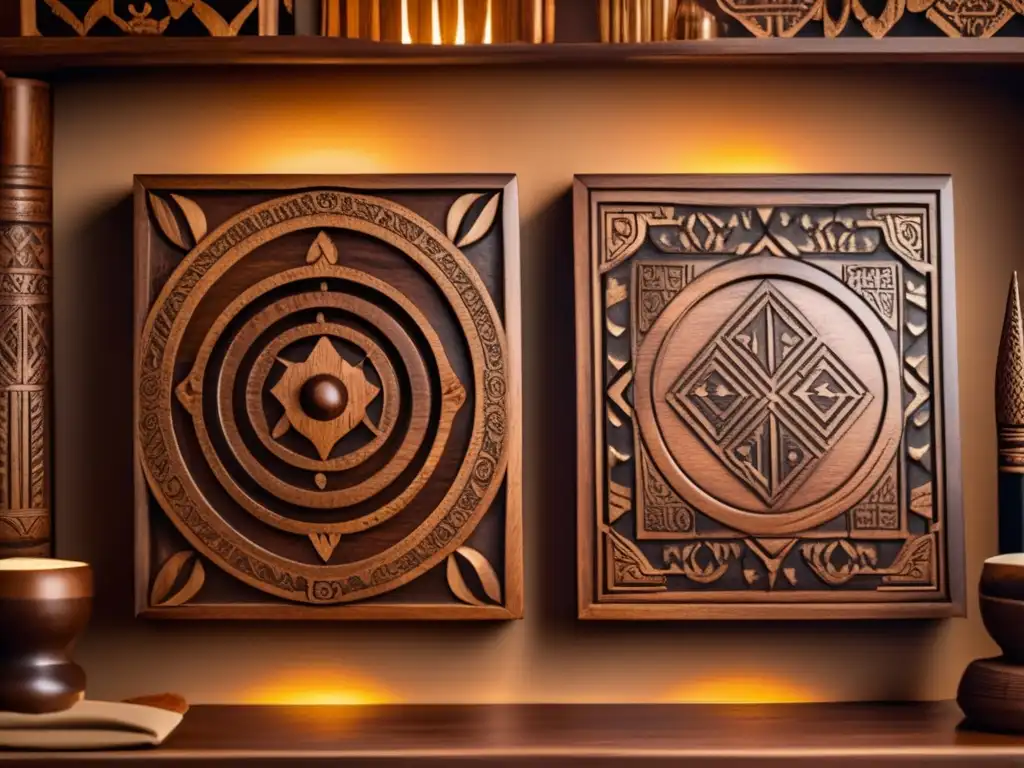 Dos tableros de Morabaraba tallados en madera oscura, con patrones tradicionales, sobre tela texturizada. La luz cálida realza los detalles, evocando la estrategia de Morabaraba en Sudáfrica.