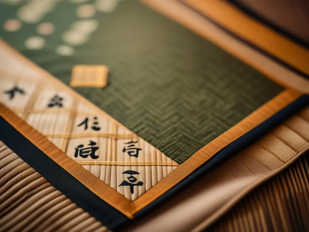 Una fotografía vintage de un tapete japonés de Karuta con patrones intrincados y colores desgastados. La iluminación cálida resalta la textura y los tonos terrosos, capturando la esencia de la historia y el impacto cultural de este juego tradicional japonés.