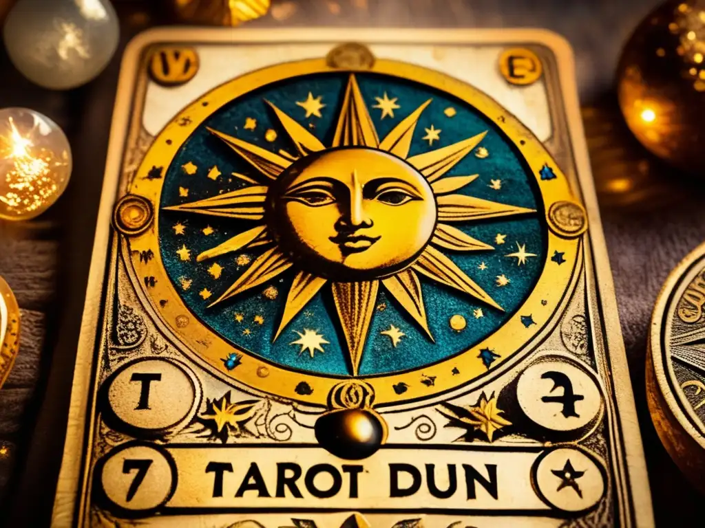 Una tarjeta de tarot antigua con simbolismo oculto, rodeada de dados desgastados. <b>Evoca nostalgia y misterio.