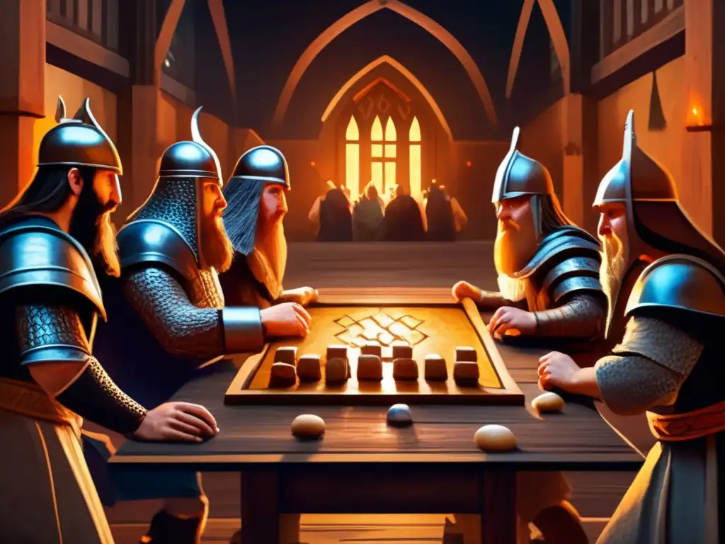 Una tensa partida de Hnefatafl en un salón vikingo iluminado por antorchas, evocando la estrategia del ajedrez vikingo.
