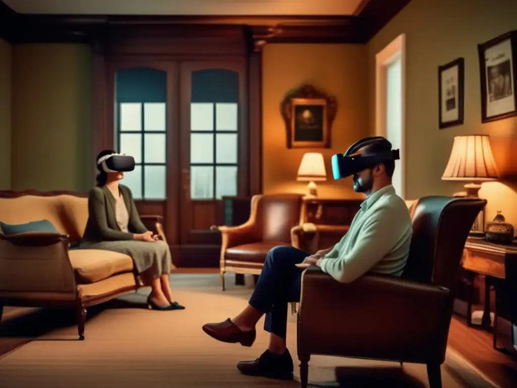 Una terapeuta observa a su paciente sumergido en una sesión de realidad virtual terapia psicológica en una acogedora oficina vintage.