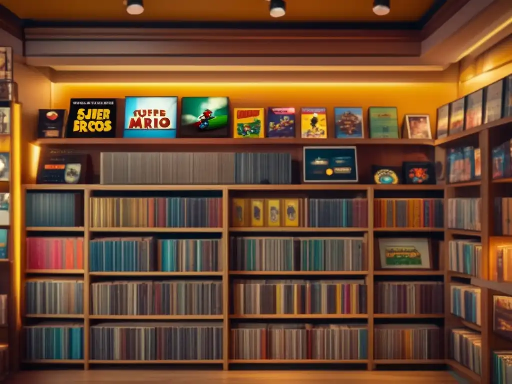 Una tienda de discos vintage con una gran variedad de bandas sonoras de videojuegos en vinilo, evocando nostalgia y colección.