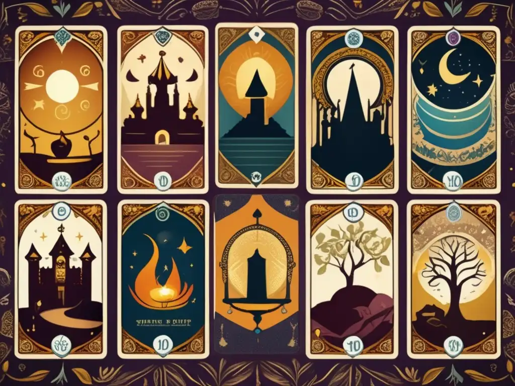 Una ilustración vintage de una tirada de cartas del tarot medieval, con cartas ornamentadas y símbolos místicos. <b>Evoca sabiduría y conocimiento arcano.</b> <b>Juegos de cartas y tarot.
