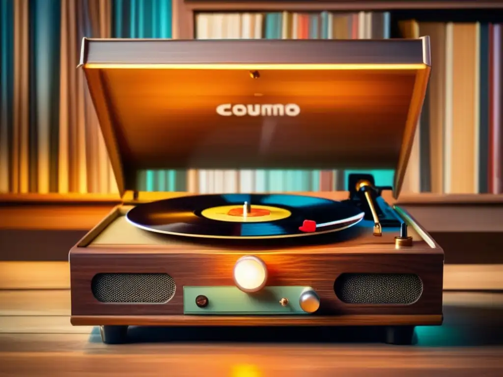 Un tocadiscos vintage con discos de vinilo en una mesa de madera iluminada por una lámpara cálida, listo para el impacto cultural de la música.