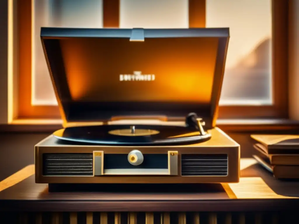 Un tocadiscos vintage con una pila de discos de vinilo a su lado, bañado en cálida luz dorada que crea una atmósfera nostálgica y atemporal.</b> <b>Los surcos de los discos reflejan la evolución tecnológica de la música, mientras el tocadiscos emana art