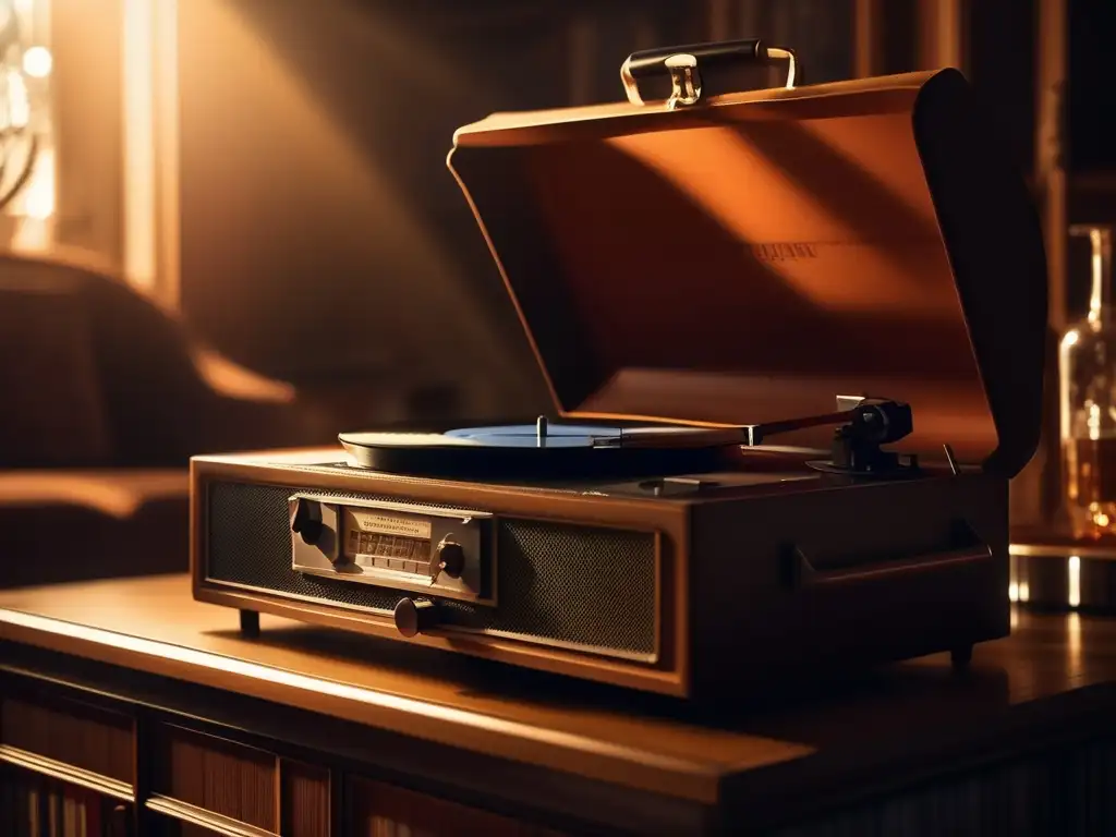 Un tocadiscos vintage con un vinilo girando, iluminando una habitación tenue mientras la aguja reposa suavemente en los surcos del disco. <b>La portada del disco está adornada con intrincadas ilustraciones, y la atmósfera irradia nostalgia y narrativa atemporal con música en Persona.