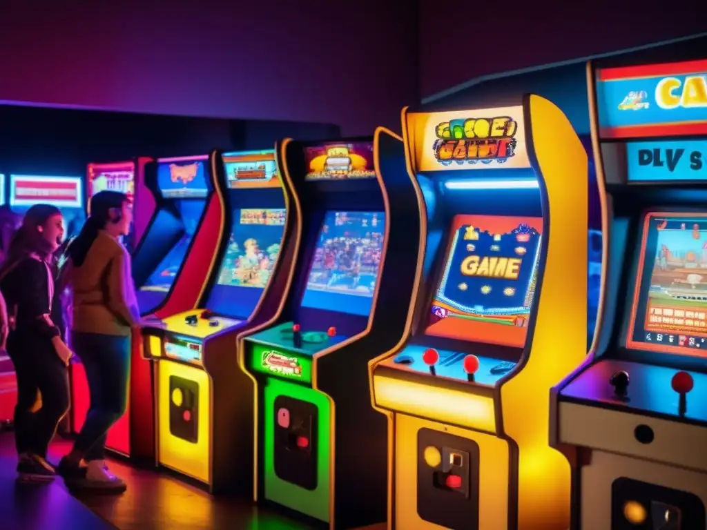 Un torneo de juegos clásicos en una máquina arcade vintage, con jugadores concentrados y felices, capturando el impacto cultural de los esports.