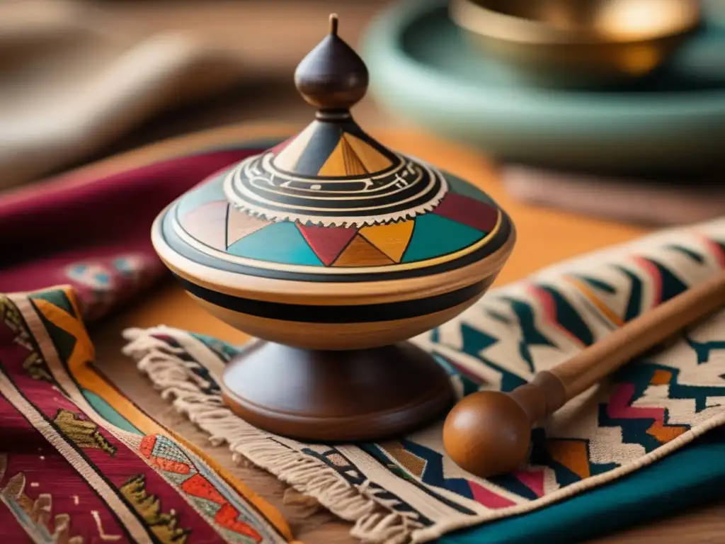Un trompo de madera vintage decorado con patrones geométricos coloridos sobre textiles del Medio Oriente. <b>Evoca la tradición de los juegos infantiles en la región.