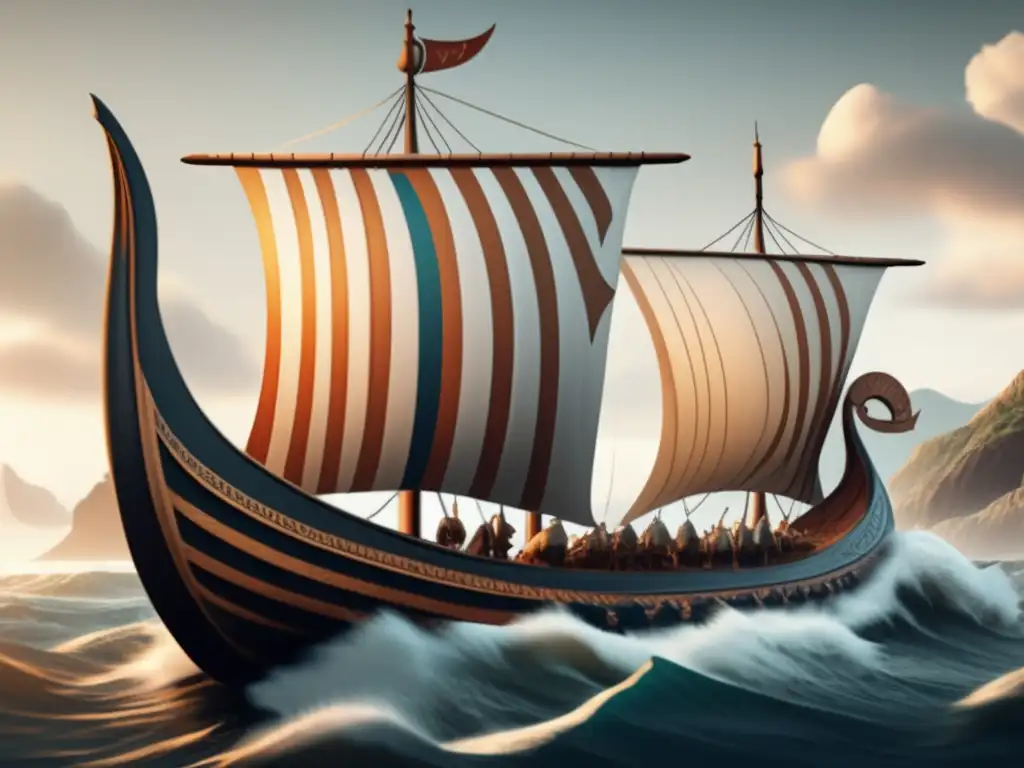 Una ilustración ultradetallada en 8k muestra la evolución de los barcos vikingos, desde diseños simples hasta navíos decorados con dragones, en un escenario de costa nórdica tormentosa.