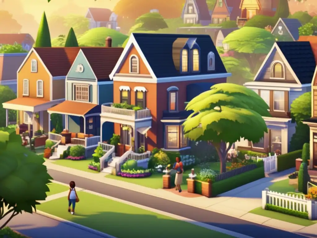 Un vecindario bullicioso en The Sims, con variedad de personajes realizando actividades cotidianas. <b>Representación de la diversidad en The Sims.