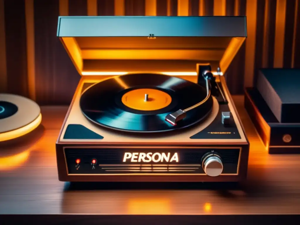 Un viaje nostálgico con música en Persona Soundtrack. <b>El tocadiscos vintage gira un vinilo, iluminado por una suave luz ambiental.