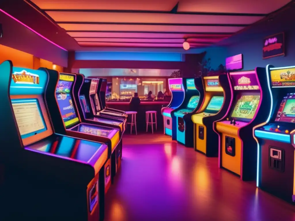 Un vibrante arcade vintage con desarrolladores de juegos indie promoviendo la sostenibilidad en la industria del gaming.
