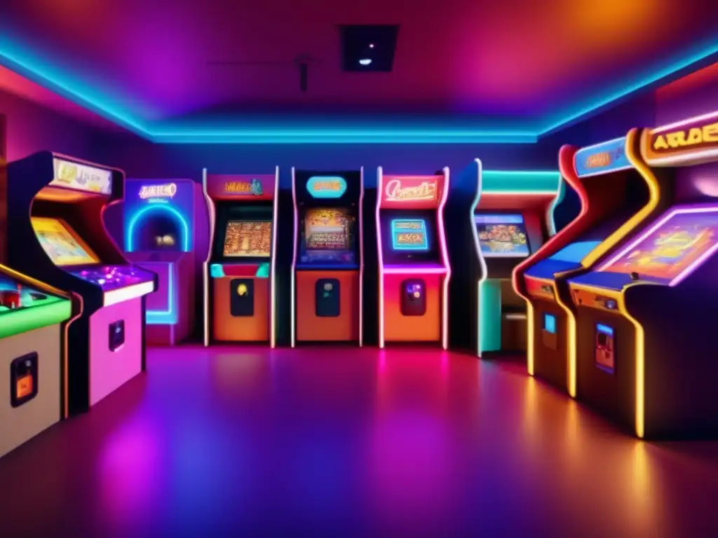 Un vibrante arcade vintage lleno de juegos indie sostenibles, donde jugadores diversos disfrutan la experiencia en un ambiente inclusivo. <b>Brilla con neones retro y arte que celebra la influencia cultural de los juegos indie sostenibles.