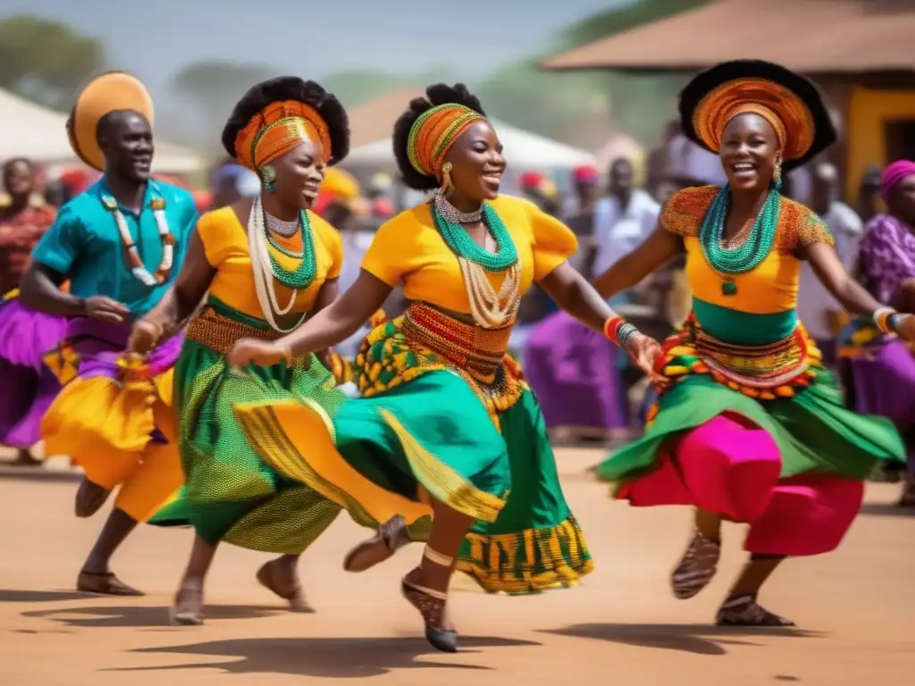 Un vibrante baile tradicional africano, en una plaza bulliciosa. <b>Importancia juegos ritmo danza África.</b> <b>Fiesta y tradición.