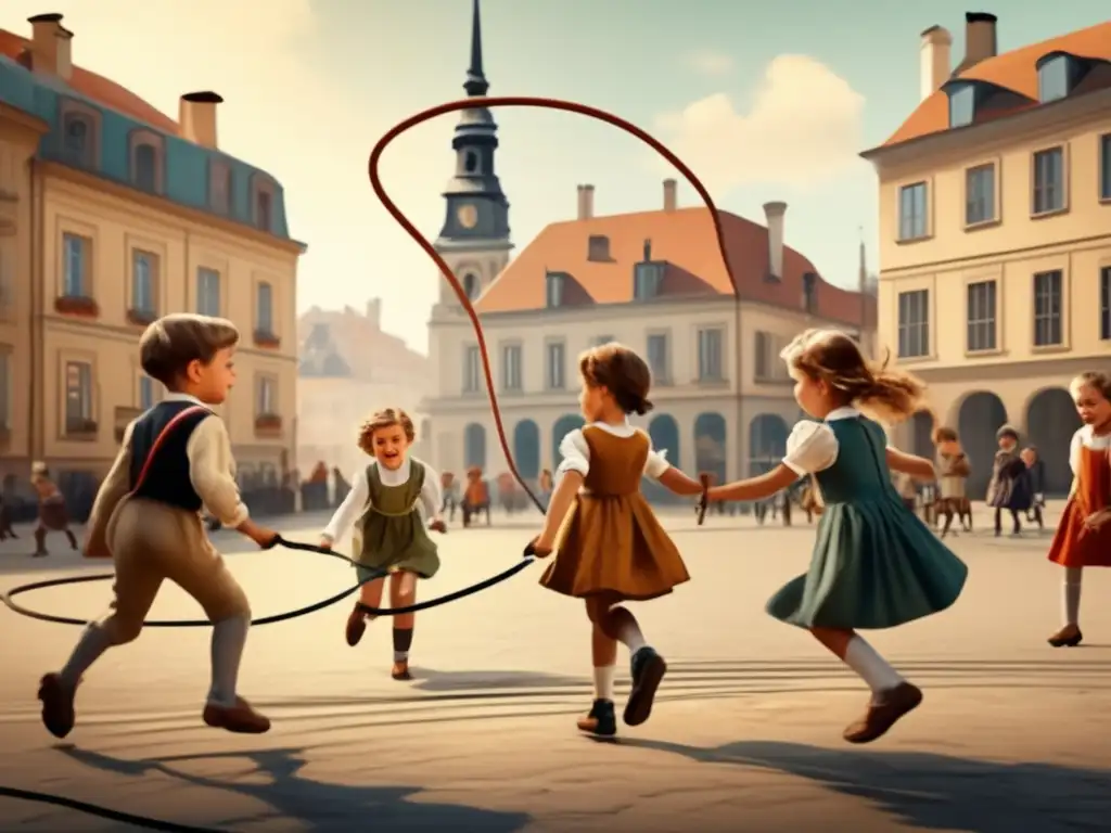 Un vibrante dibujo vintage de niños jugando con una comba en una plaza europea, evocando la historia del juego de la comba en Europa.
