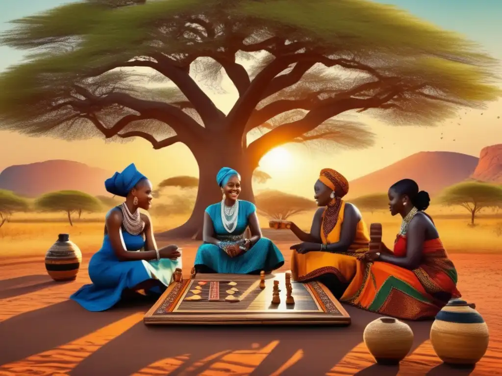 Un vibrante escenario africano con mujeres jugando juegos tradicionales bajo un árbol. <b>Variantes regionales damas africanas.