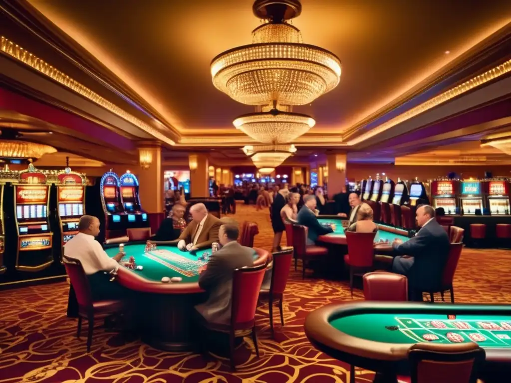 Un vibrante escenario de casino vintage, con apostadores y máquinas tragamonedas clásicas, iluminado por candelabros. <b>Evoca la opulencia y emoción del flujo de dinero en casinos.