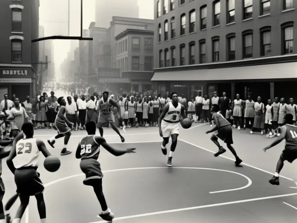 Un vibrante escenario urbano en blanco y negro muestra la historia y el impacto cultural del baloncesto en América, con jugadores de diferentes orígenes unidos por el deporte.