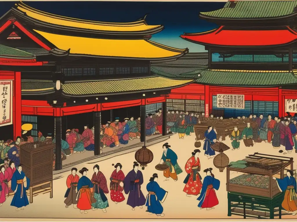 Un vibrante grabado japonés muestra juegos tradicionales y la energía de la cultura asiática. <b>Influencia juegos tradicionales videojuegos Asia.