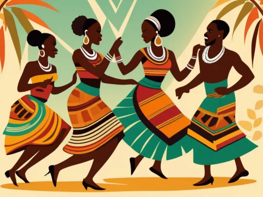 Un vibrante grupo de músicos y bailarines africanos ejecutando juegos de palmas tradicionales, con patrones e colores intensos. <b>Captura la energía y ritmo de la actuación, mostrando la importancia cultural y la naturaleza comunitaria de los juegos de palmas africanos.</b> Los músicos tocan instrumentos