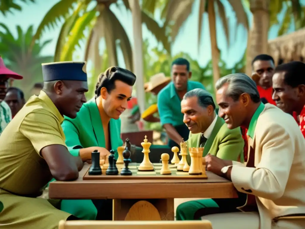 Un vibrante juego de ajedrez al aire libre en La Habana, Cuba, durante los años 60, con grandes maestros de ajedrez en Cuba bajo palmeras reales.