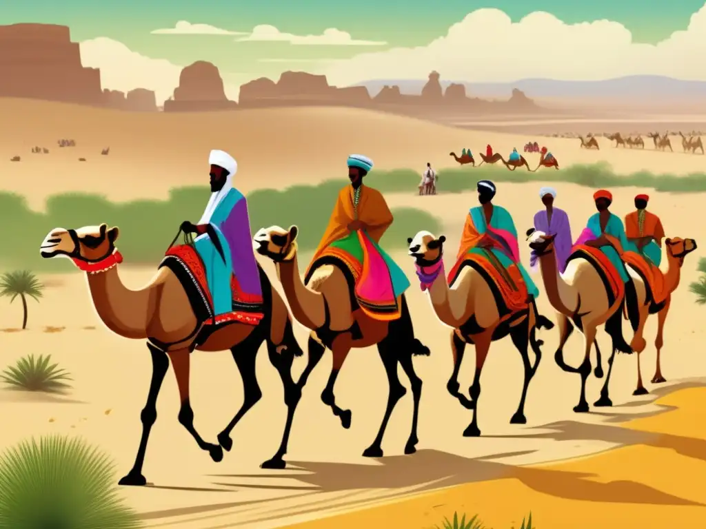 Un vibrante juego de carreras de camellos en el folklore somalí, con hombres y camellos adornados en el desierto colorido.