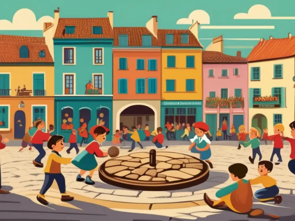 Un vibrante juego de chapas en la plaza europea, con niños concentrados. <b>Captura la historia cultural del juego de chapas.