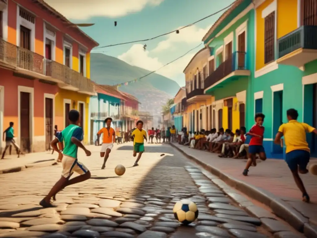Un vibrante juego de fútbol en una calle sudamericana, capturando la historia y el impacto cultural del fútbol en Sudamérica.