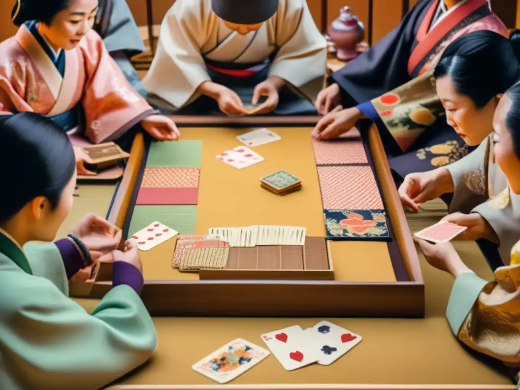 Un vibrante juego de Kyogi Karuta en un bullicioso mercado japonés, capturando la rica historia y el impacto cultural de los juegos.