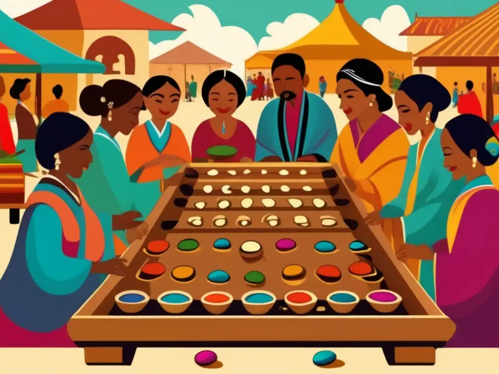 Un vibrante juego de Mancala que reúne a personas de diferentes culturas en un mercado tradicional. <b>Origen y evolución del juego Mancala.