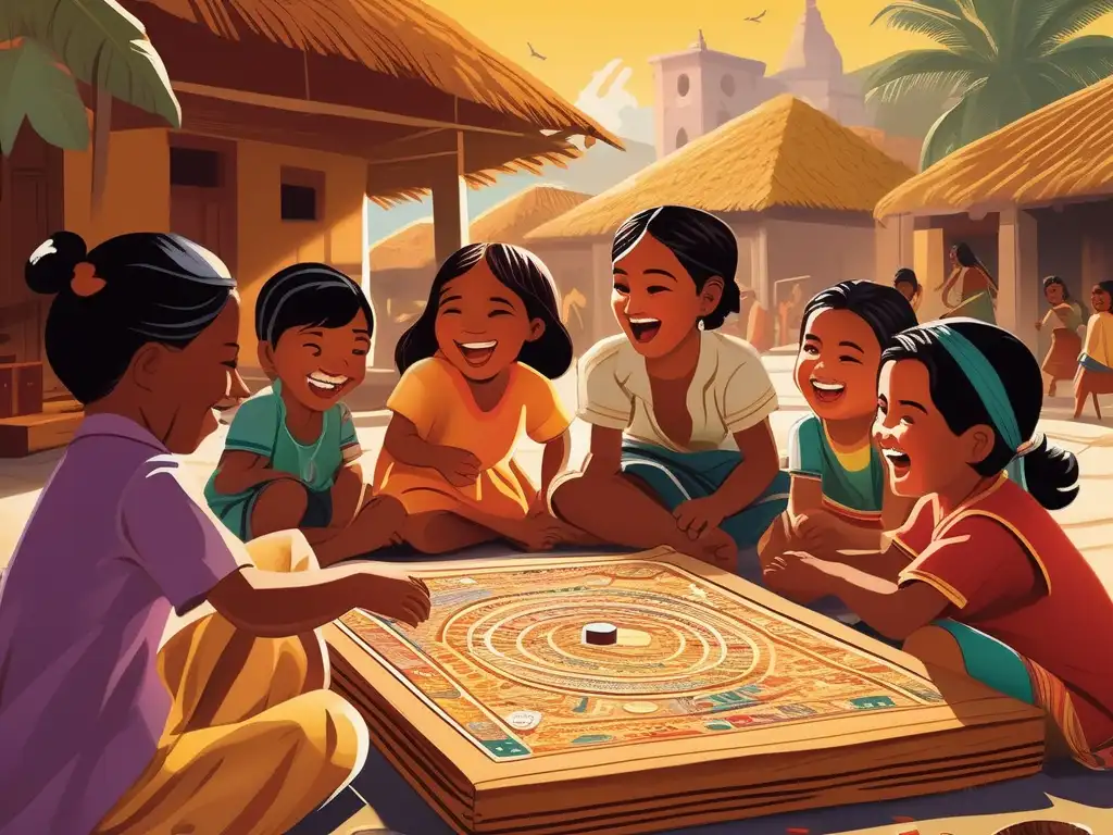 Un vibrante juego de La Oca en una plaza con niños indígenas, reflejando el significado del juego en el nuevo mundo.