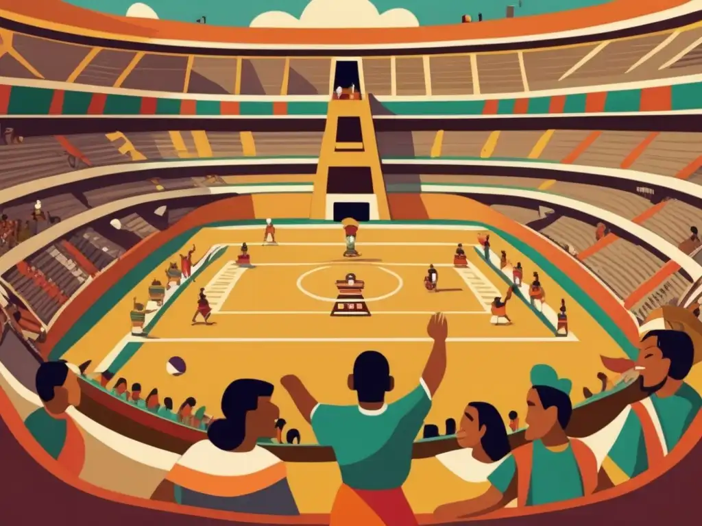 Un vibrante juego de pelota azteca en un estadio con influencia cultural de los juegos aztecas. <b>La ilustración captura la rica herencia cultural de la civilización azteca.