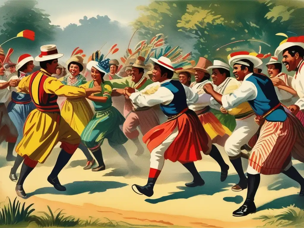 Un vibrante juego de la soga tradicional en una festividad americana con coloridos trajes y energía festiva.