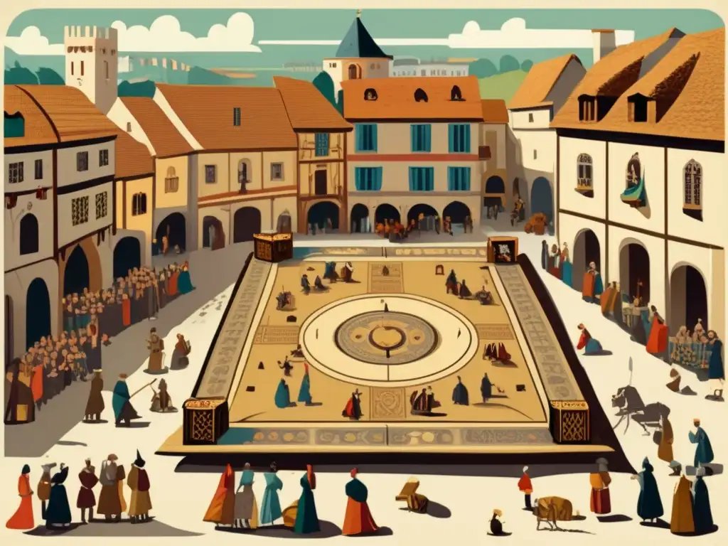 Un vibrante juego de La Travesía de la Oca en el mercado medieval. <b>Simbolismo antiguo juego mesa.