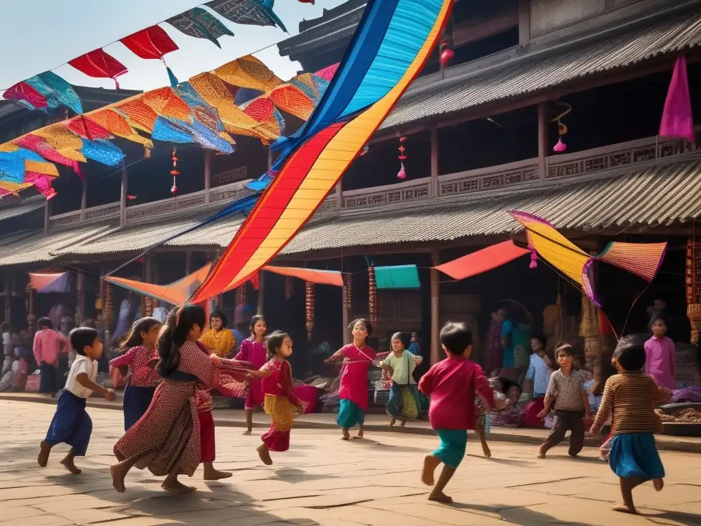 Un vibrante mercado asiático, niños riendo mientras vuelan cometas con simbolismo tradicional. <b>Una escena llena de alegría y color.
