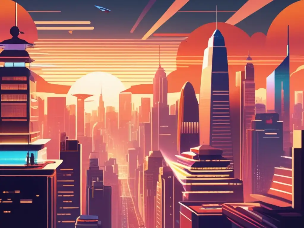 Cityscape futurista con hologramas y vehículos voladores al atardecer Un vibrante paisaje urbano vintage con elementos futuristas y una impactante fusión de arquitectura tradicional y tecnología avanzada. La escena evoca una inmersión digital culturalmente impactante en juegos blockchain.