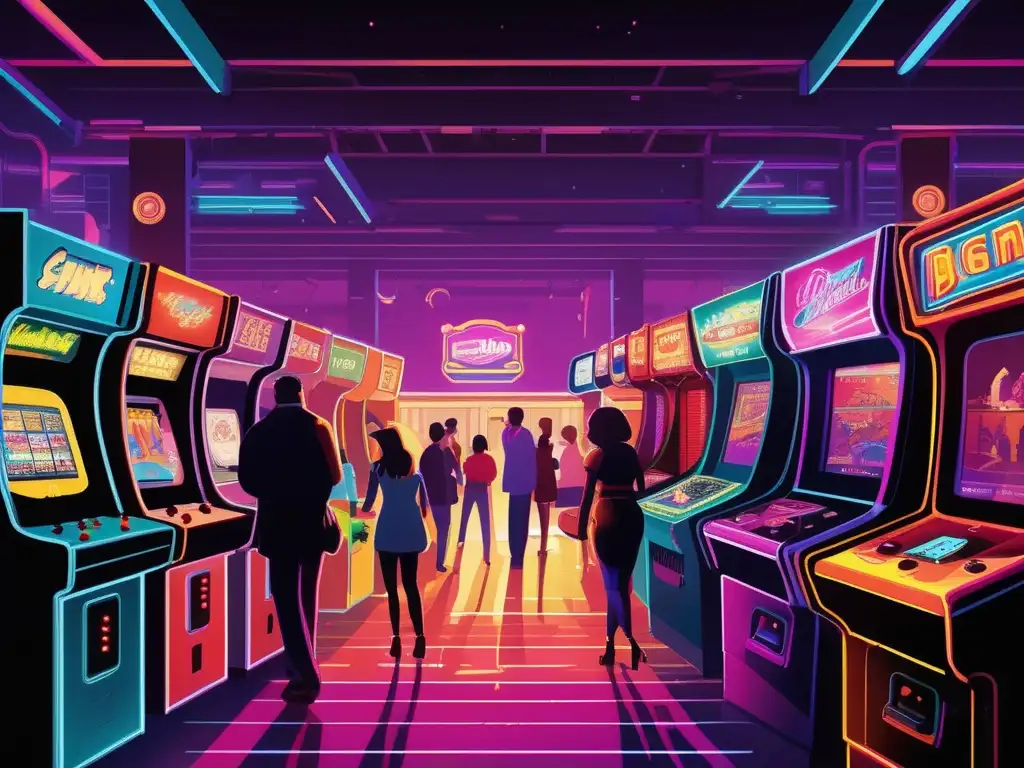 Un vibrante póster vintage muestra una escena de arcade llena de energía y emoción.</b> <b>Impacto cultural de los juegos en la historia.