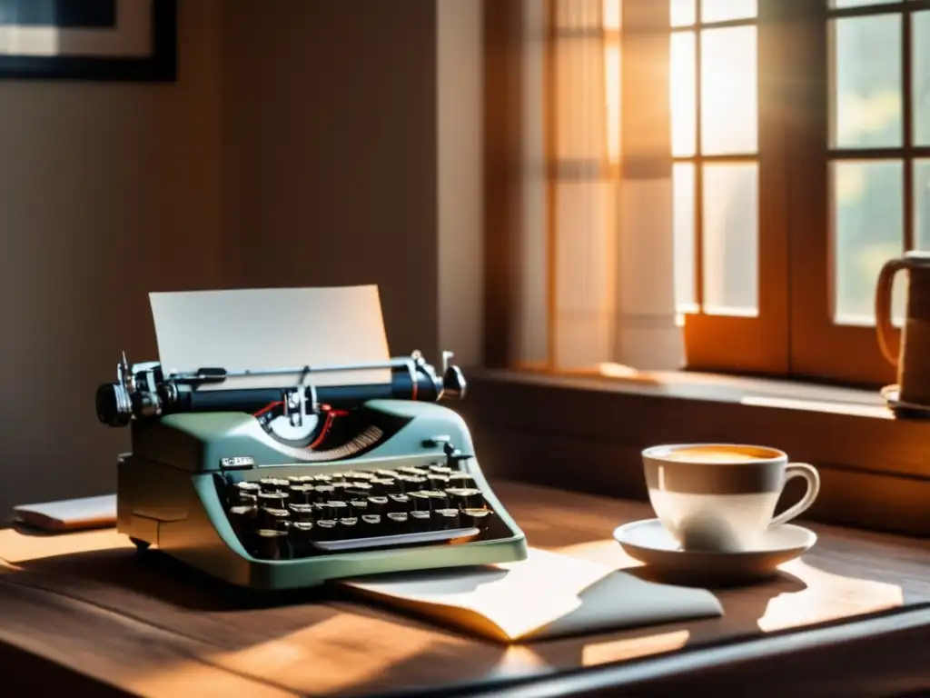 Una vieja máquina de escribir con una pila de papeles, una taza de café y unos lentes sobre un escritorio de madera, bañados por la cálida luz del sol. La máquina de escribir muestra signos de uso reciente, con una hoja de papel lista para capturar el próximo gran guion