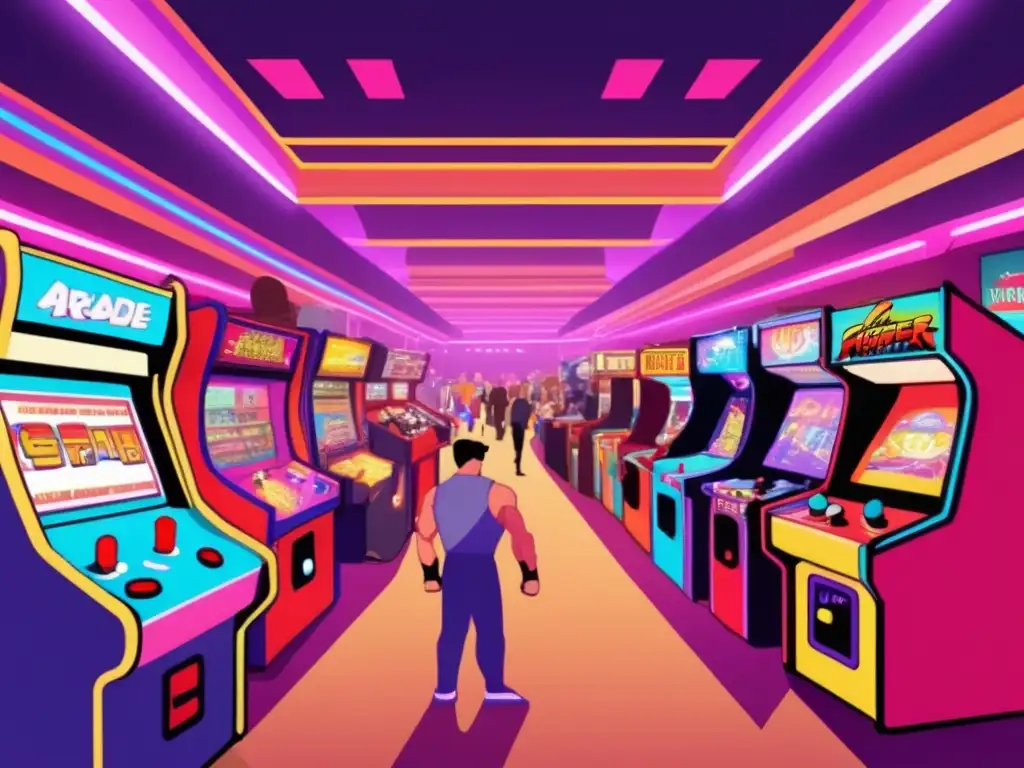 Una ilustración ultradetallada y vintage de un bullicioso arcade de los años 90, con máquinas de Street Fighter rodeadas de jugadores entusiasmados. Captura la influencia cultural de Street Fighter y la atmósfera nostálgica del juego.