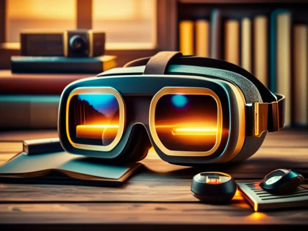 Aurora nostálgica: visor de realidad virtual vintage en mesa de madera Un visor de realidad virtual de inspiración vintage sobre una mesa de madera desgastada, rodeado de novelas de ciencia ficción y cartuchos de videojuegos retro. Iluminado por un cálido resplandor nostálgico, invita a adentrarse en la narrativa de los videojuegos.