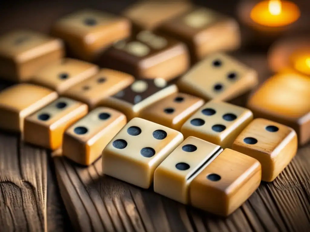 Un vistazo a las detalladas fichas de dominó europeo en una mesa de madera, resaltando su rica pátina y signos de desgaste, evocando la historia del dominó europeo.